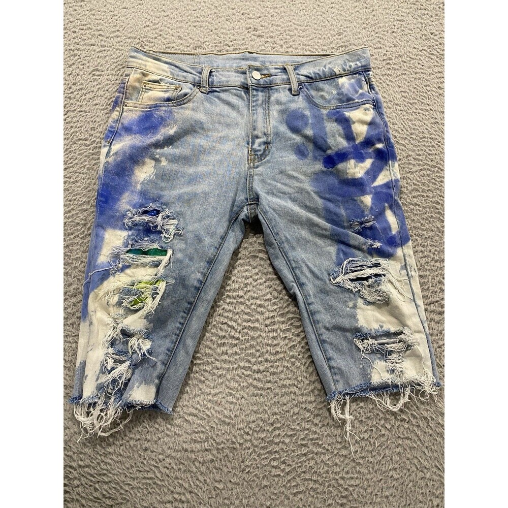 MNML Shorts Mens Size 32 Blue Denim Jean Distressed Thrashed Tie Dye Graffiti